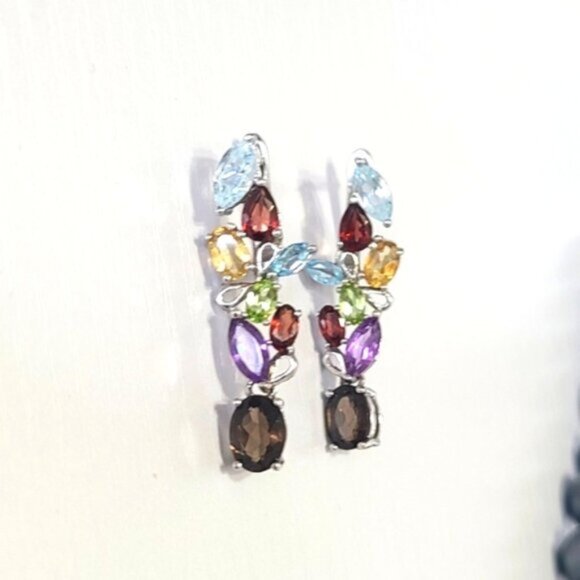 Vintage Boho Sterling Silver Colourful Rainbow Crystal Flower Drop Long Earrings - Picture 2 of 10